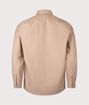 Garment-Dyed Oxford Overshirt by Polo Ralph Lauren in Surrey Tan. Shot by EQVVS. Back shot.