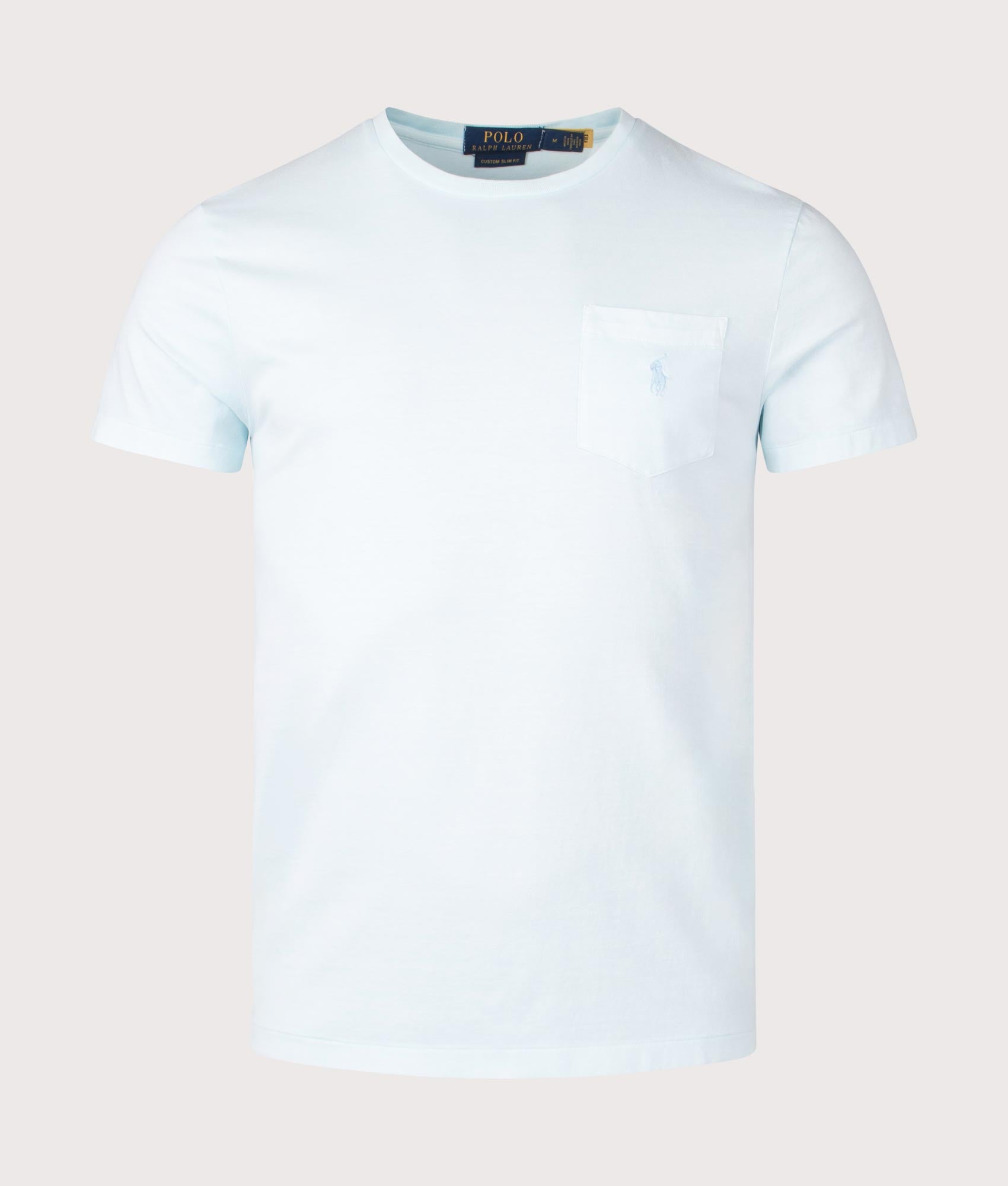 Polo Ralph Lauren Custom Slim Mineral-Dyed Pocket T-Shirt in Sky. Shot at EQVVS. Front shot 
