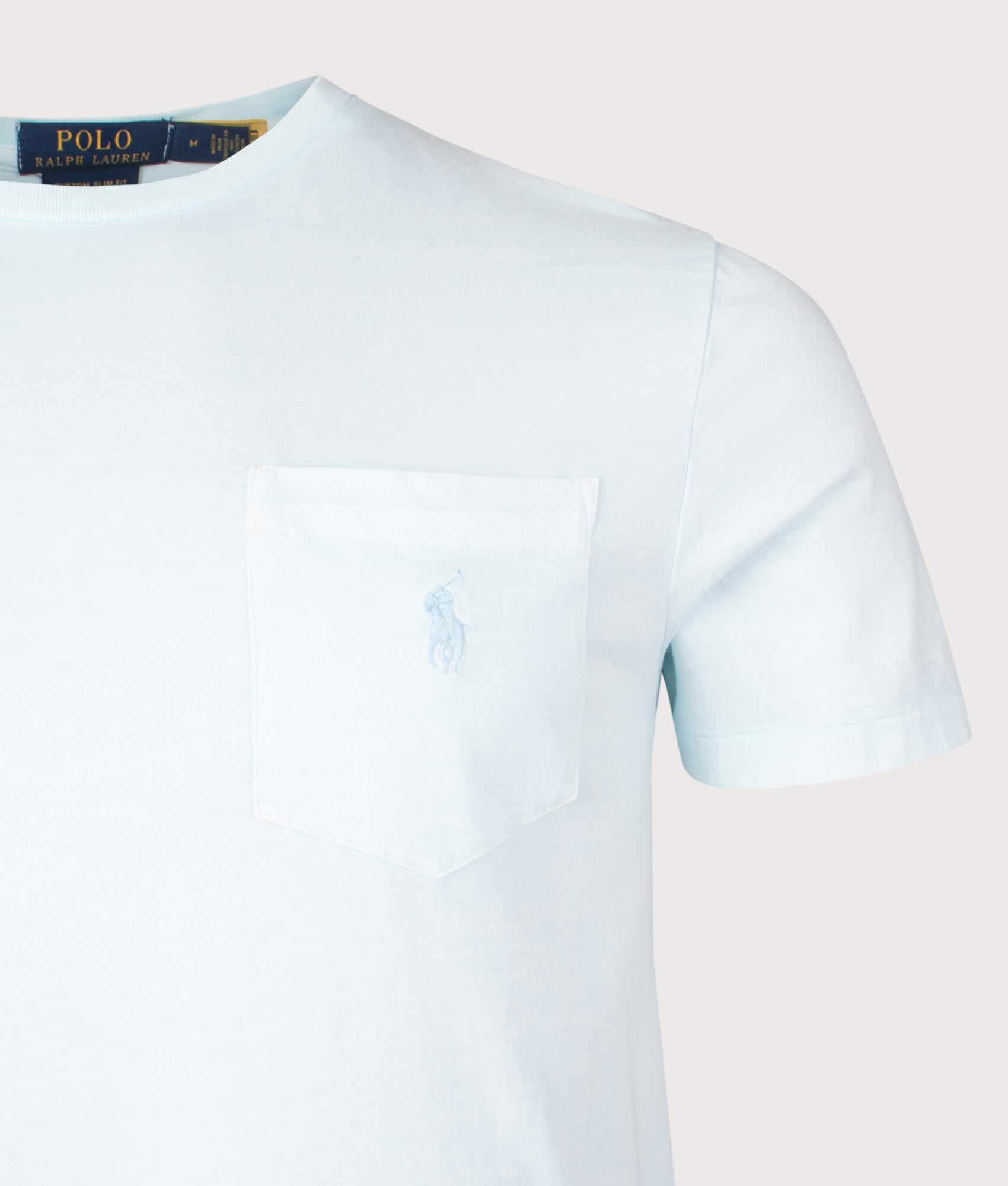 Polo Ralph Lauren Custom Slim Mineral-Dyed Pocket T-Shirt in Sky. Shot at EQVVS. Front detail shot 