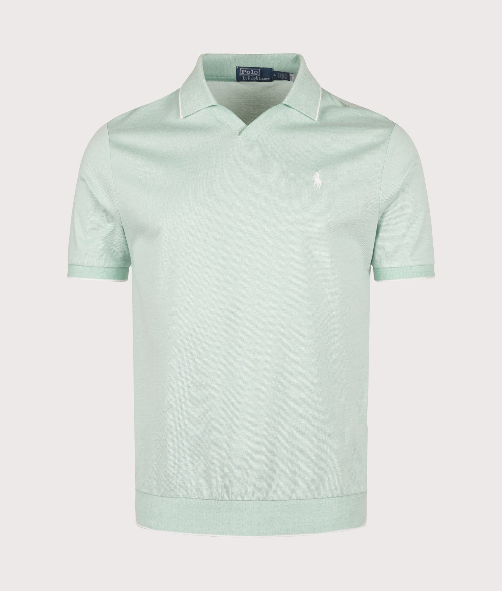 Polo Ralph Lauren summer Jacquard Mesh Polo Shirt in Celadon and White at EQVVS Menswear. Front shot.