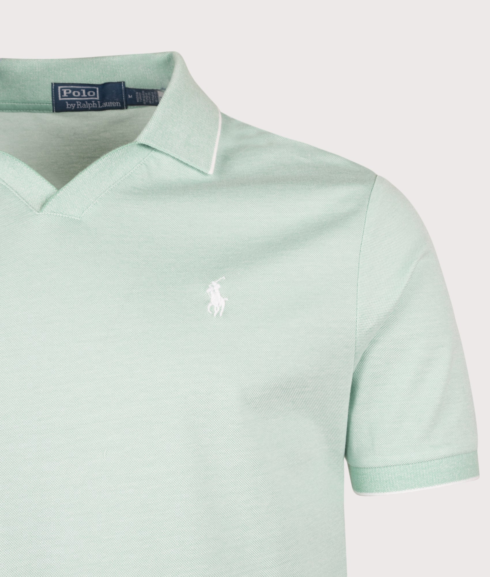 Polo Ralph Lauren summer Jacquard Mesh Polo Shirt in Celadon and White at EQVVS Menswear. Detail shot.