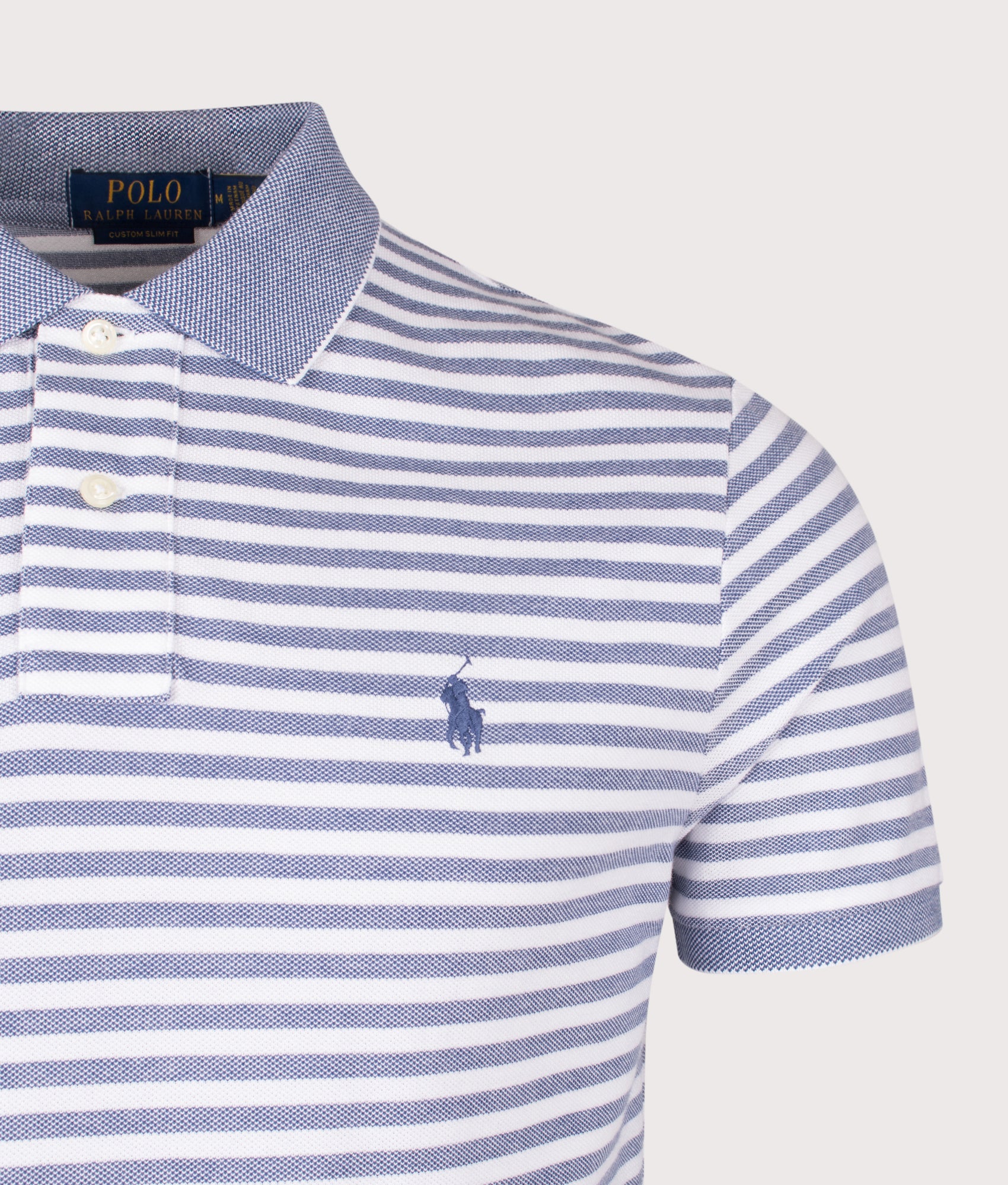 Custom Slim Fit Striped Mesh Polo Shirt in Earth Blue/White | 100% Cotton | Polo Ralph Lauren | EQVVS | Front detail shot 