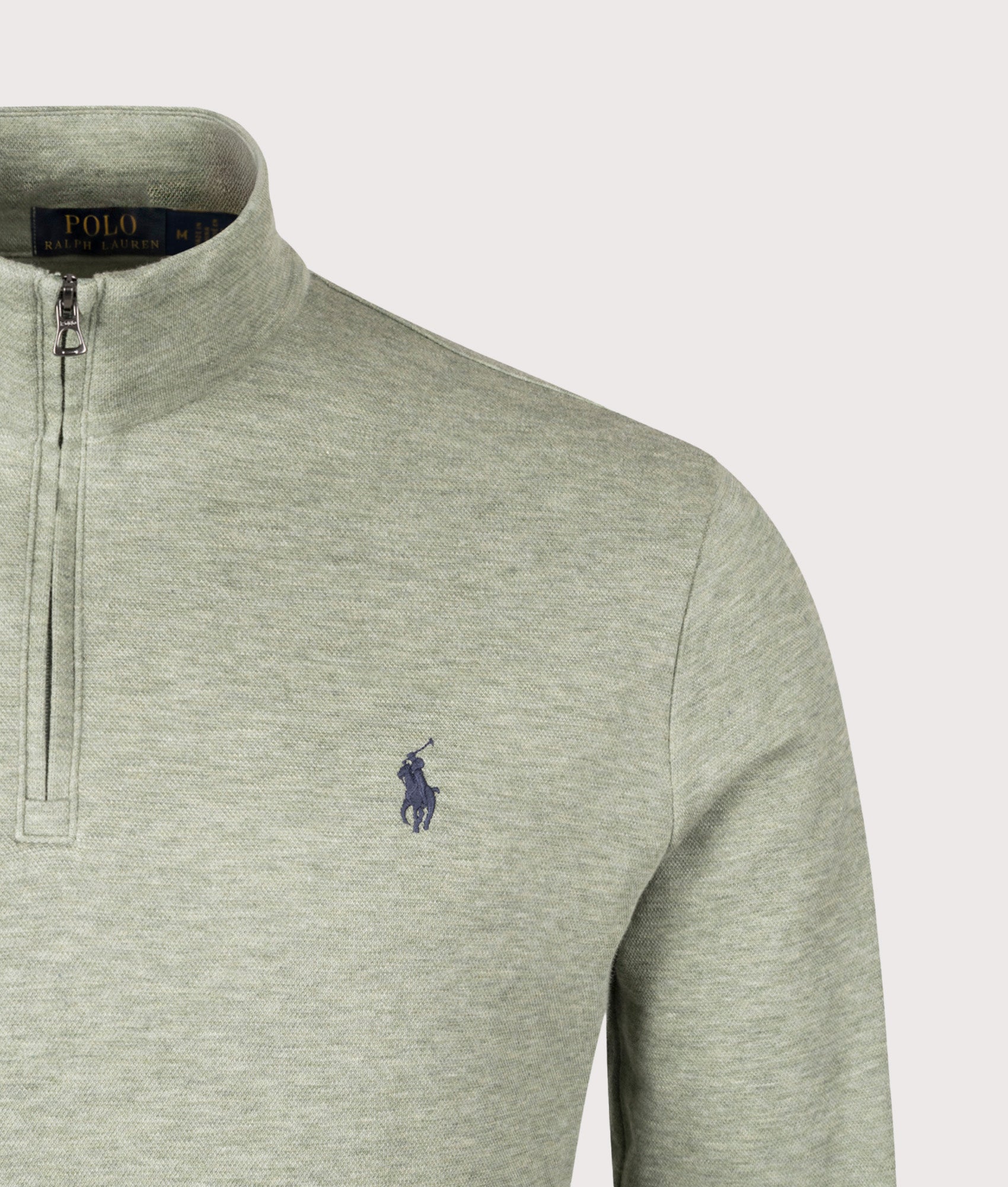 Polo Ralph Lauren Jacquard Quarter Zip Sweatshirt in Greenery Heather at EQVVS Menswear. Detail shot.