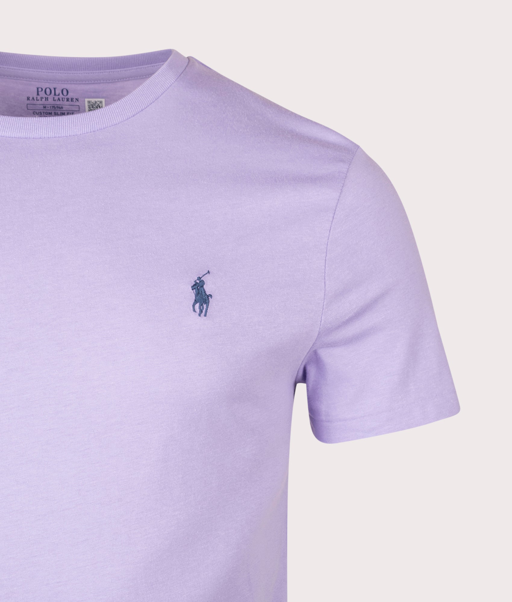 Custom Slim Fit Jersey T-Shirt by Polo Ralph Lauren in Sky Lavender. Shot by EQVVS. Detail shot.