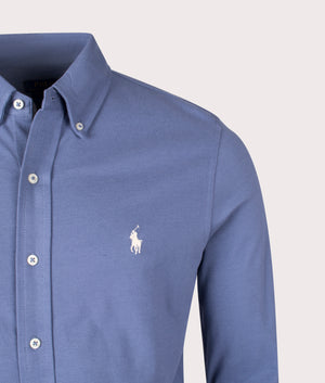 Relaxed Fit Featherweight Mesh Shirt by Polo Ralph Lauren in Capri Blue. Shot by EQVVS. Detail shot.