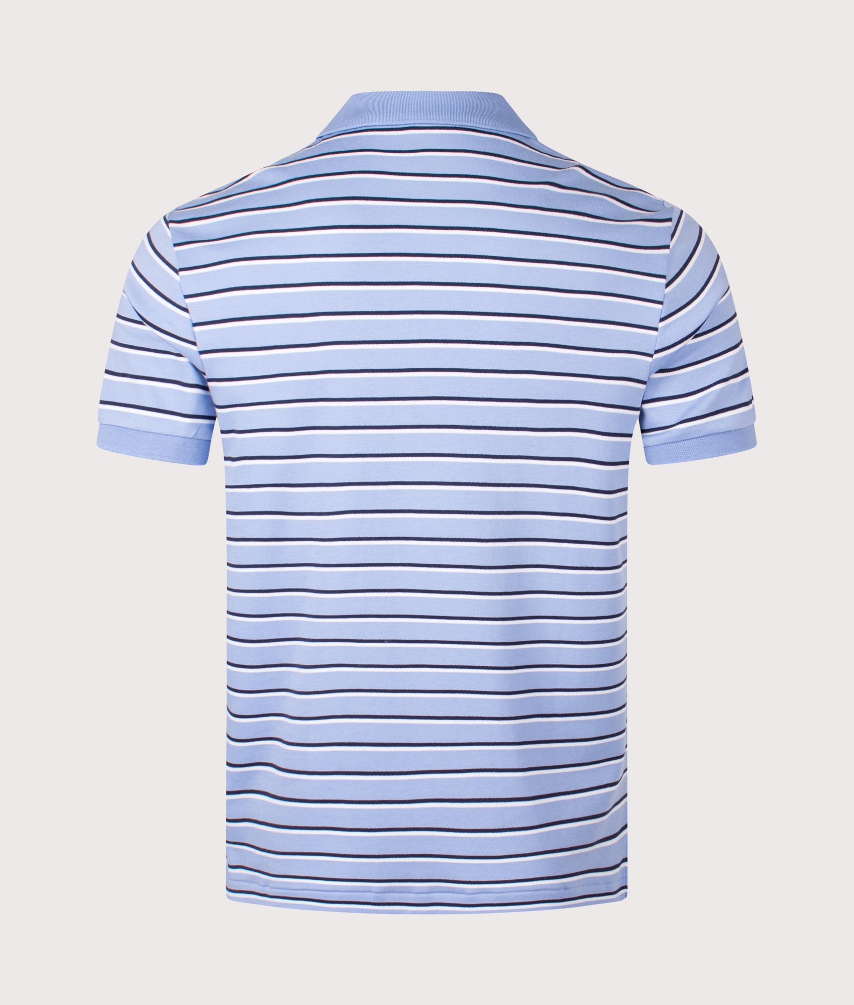 Polo Ralph Lauren Custom Slim Fit Striped Soft Cotton Polo Shirt in Dress Shirt Blue with Multicoloured Polo Pony at EQVVS Menswear. Back shot.