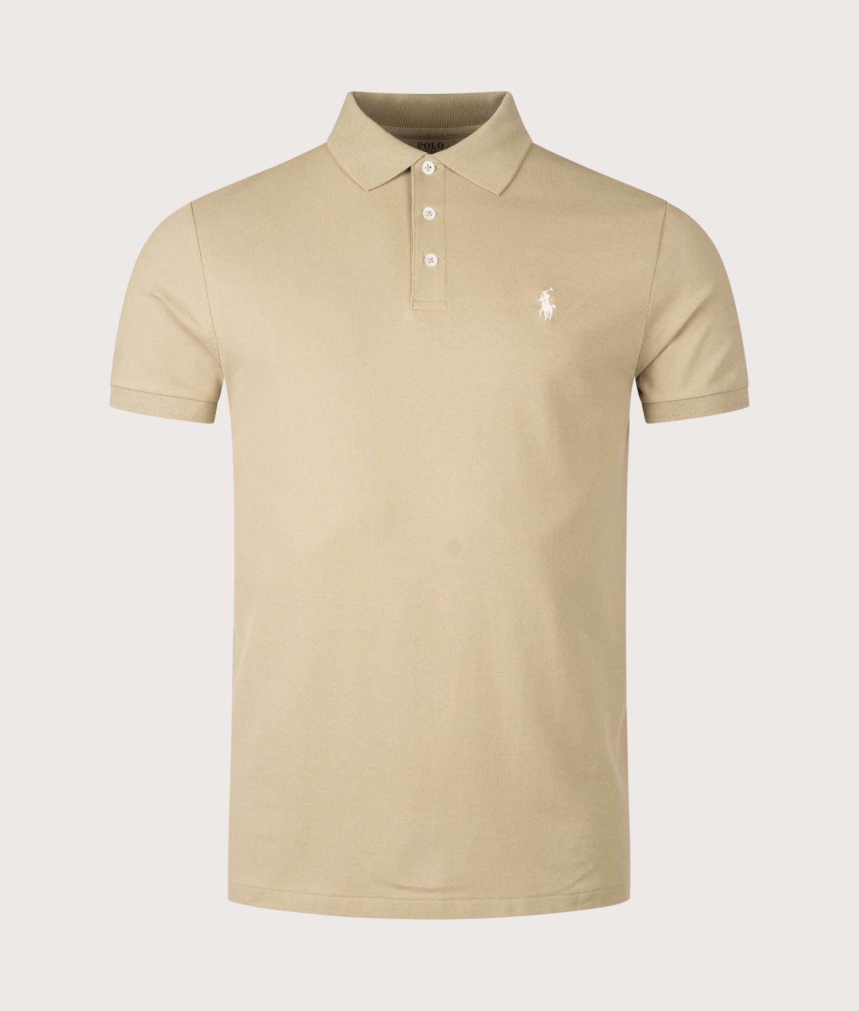 Custom Slim Fit Stretch Mesh Polo Shirt by Polo Ralph Lauren in Classic Khaki. Shot by EQVVS. Front shot.