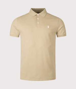 Custom Slim Fit Stretch Mesh Polo Shirt by Polo Ralph Lauren in Classic Khaki. Shot by EQVVS. Front shot.
