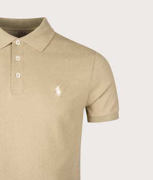 Custom Slim Fit Stretch Mesh Polo Shirt by Polo Ralph Lauren in Classic Khaki. Shot by EQVVS. Detail shot.