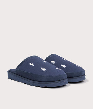 Polo Ralph Lauren Reade Suede-Trim Polo Pony Scuff Slippers in Navy/Paper White Repeat PP at EQVVS Menswear angled shot