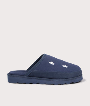 Polo Ralph Lauren Reade Suede-Trim Polo Pony Scuff Slippers in Navy/Paper White Repeat PP at EQVVS Menswear. side shot