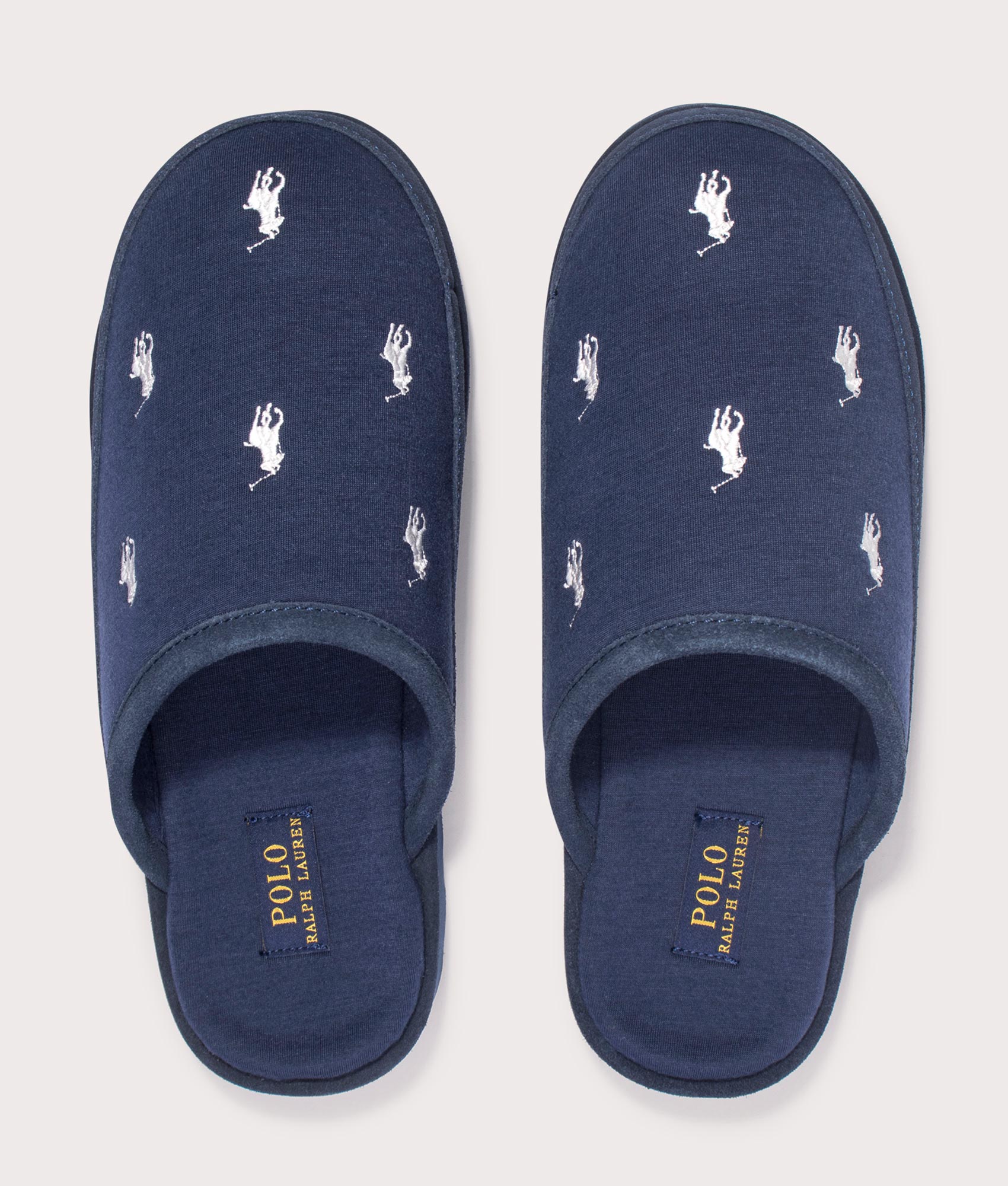 Polo Ralph Lauren Reade Suede-Trim Polo Pony Scuff Slippers in Navy/Paper White Repeat PP at EQVVS Menswear above shot