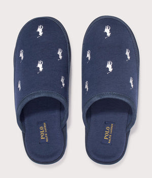 Polo Ralph Lauren Reade Suede-Trim Polo Pony Scuff Slippers in Navy/Paper White Repeat PP at EQVVS Menswear above shot
