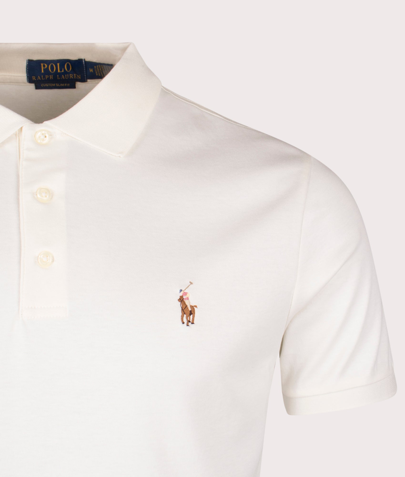 Custom Slim Fit Soft Cotton Polo Shirt in Pale Cream | Pima Cotton | Polo Ralph Lauren | EQVVS | Front detail shot 