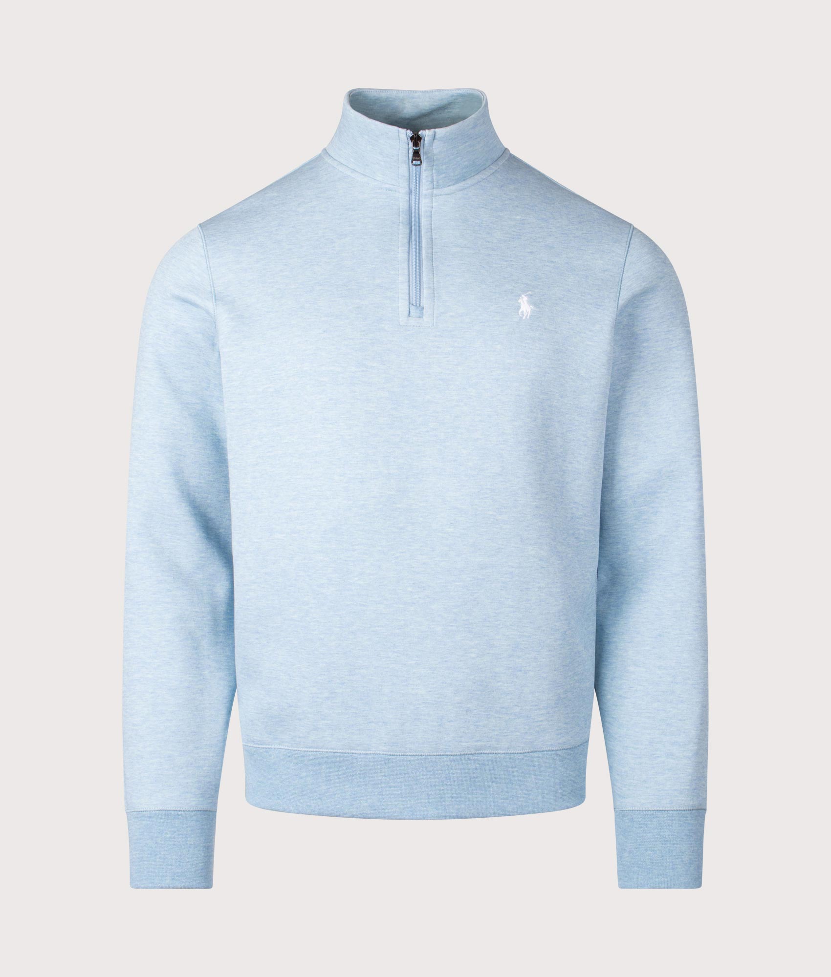 Polo Ralph Lauren Double-Knit Quarter Zip Sweatshirt in Modern Blue Heather. Shot at EQVVS. Front shot 