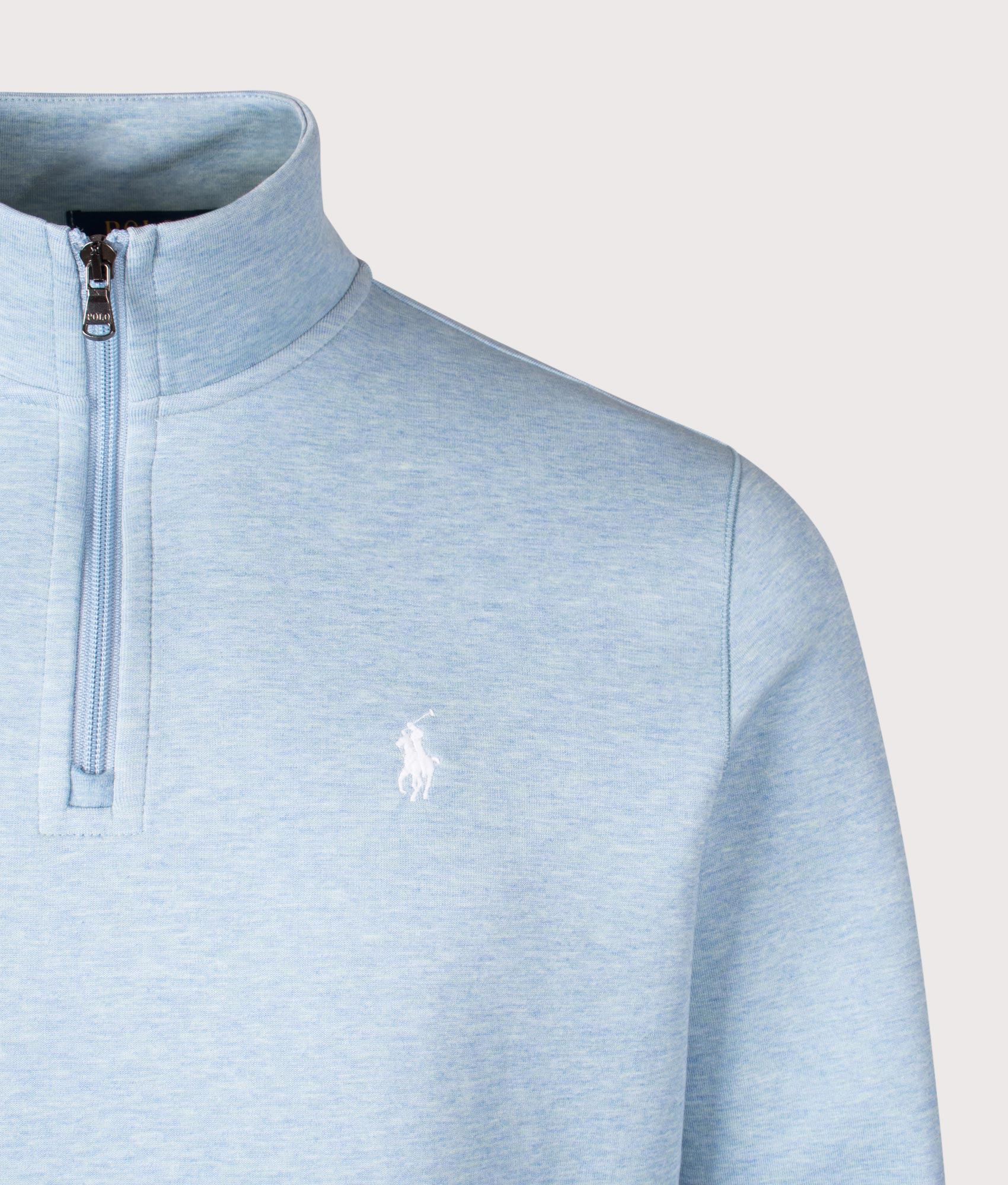 Polo Ralph Lauren Double-Knit Quarter Zip Sweatshirt in Modern Blue Heather. Shot at EQVVS. Front detail shot 