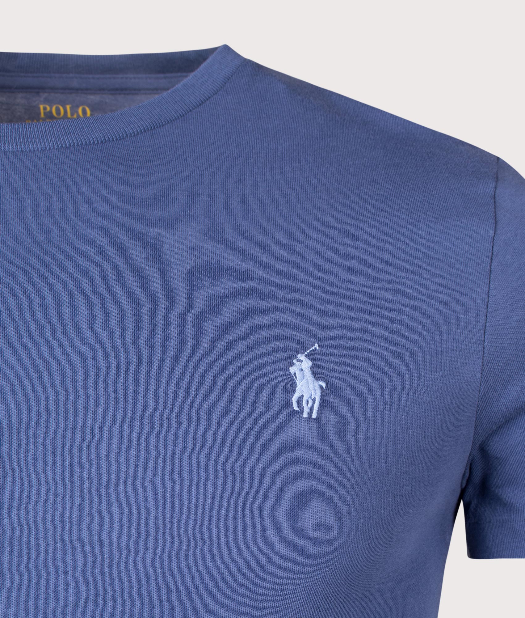 Polo Ralph Lauren Custom Slim Fit Jersey T-Shirt in Light Navy. Detail shot.