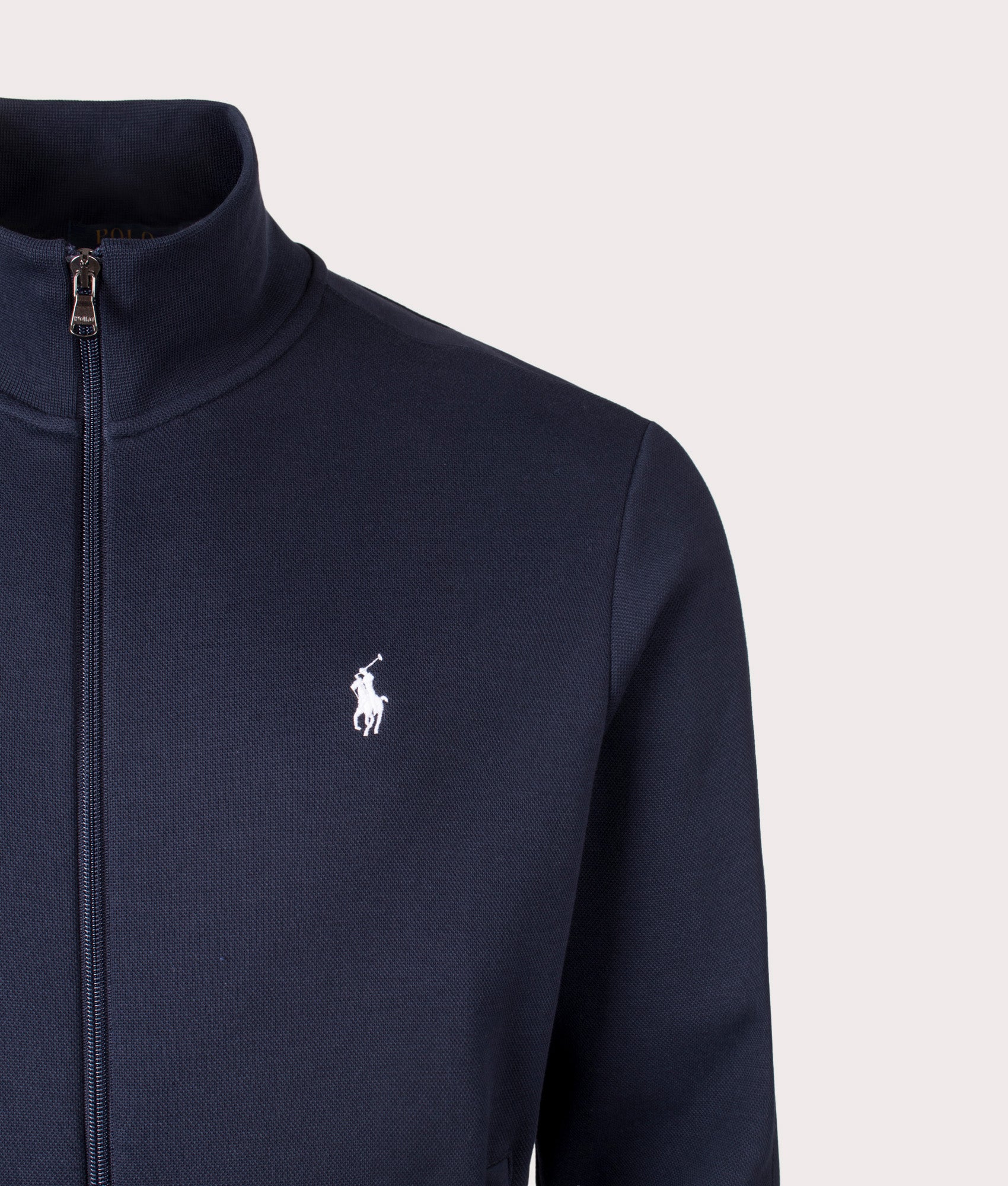 Polo Ralph Lauren Zip Through Sweatshirt in Aviator Navy at EQVVS Menswear. Detail shot.
