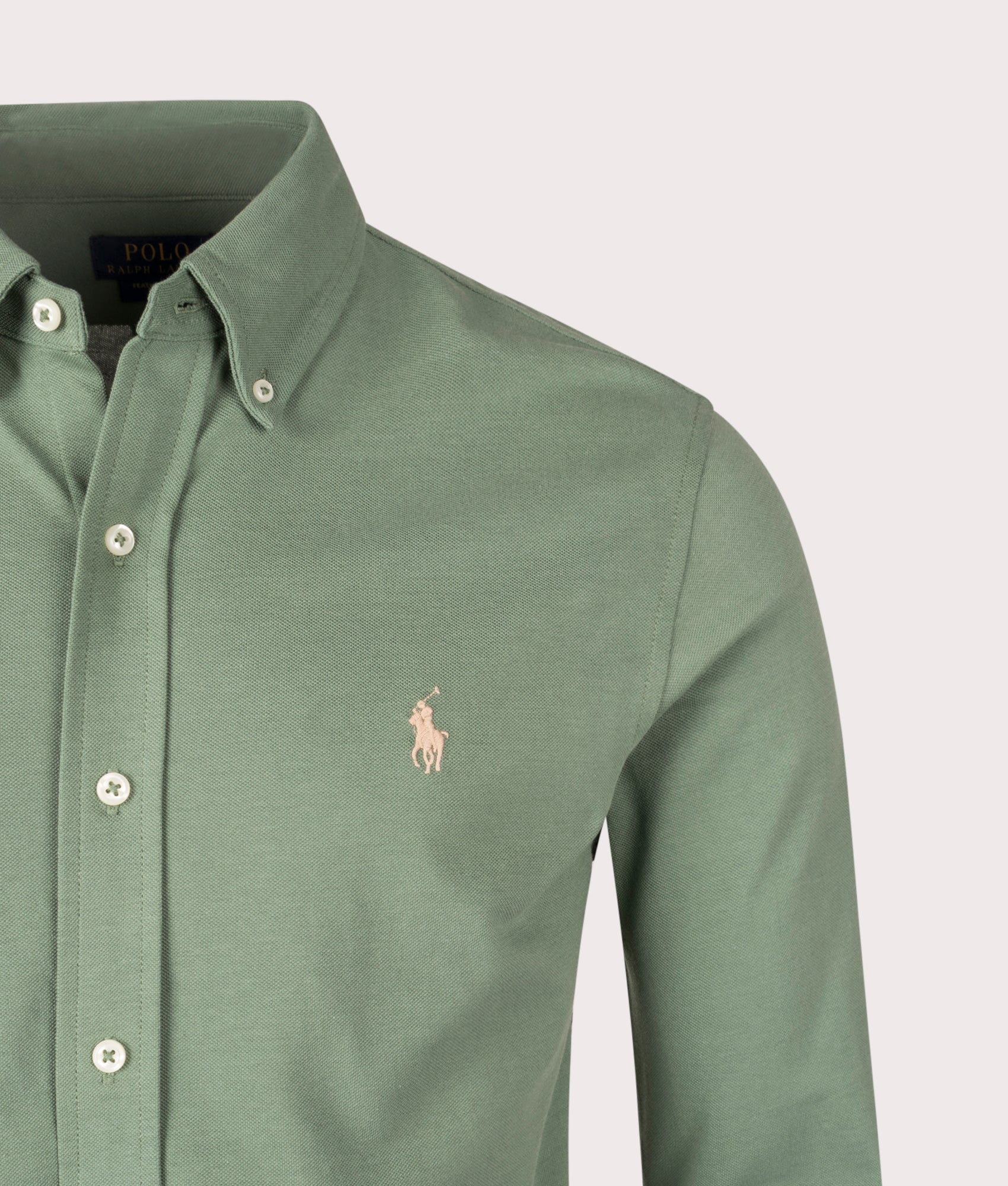 Relaxed Fit Featherweight Mesh Shirt by Polo Ralph Lauren in Fatigue. Shot by EQVVS. Detail shot.