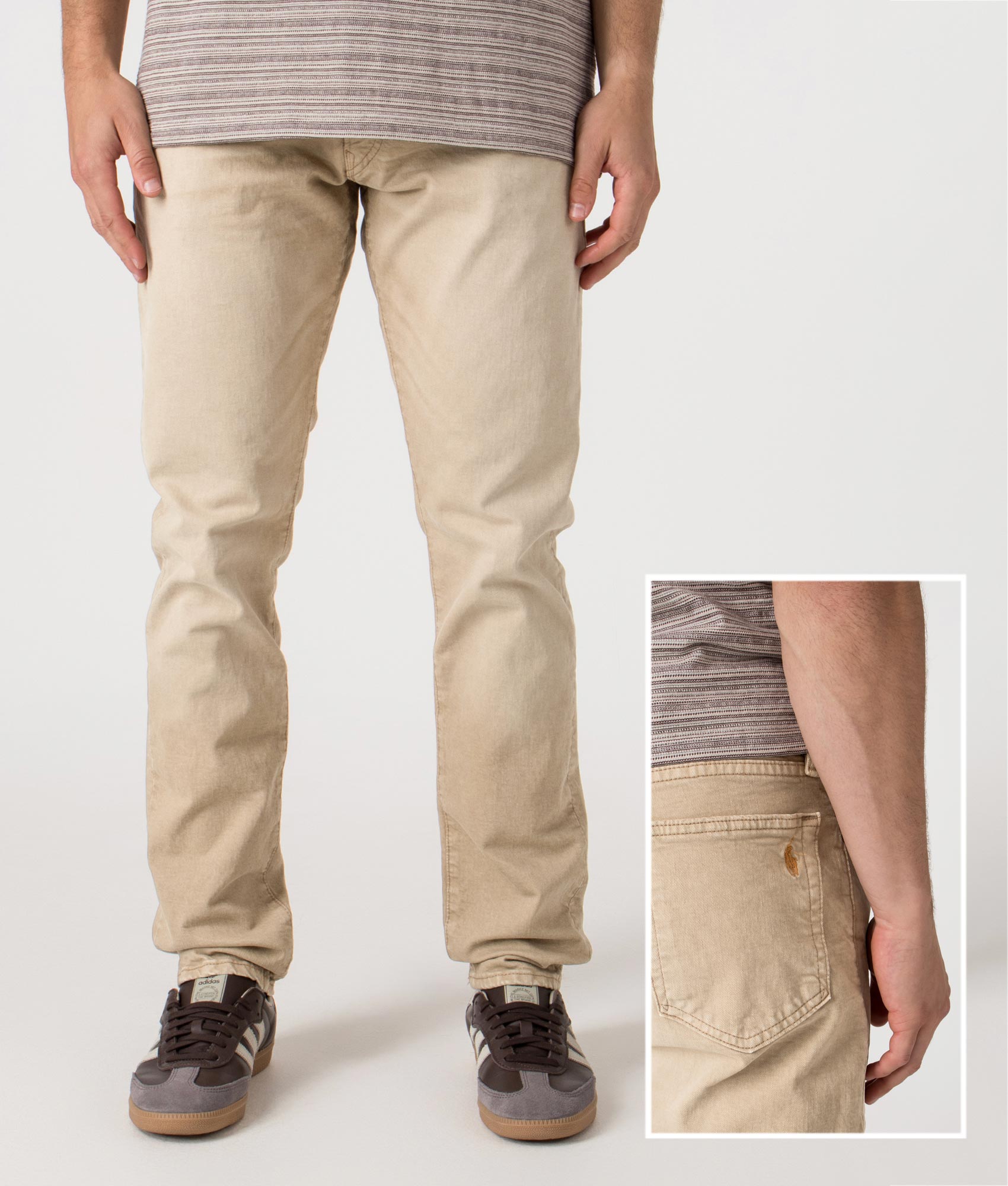 Slim Fit Sulliivan Strecth Jeans by Polo Ralph Lauren in Khaki Hill. /shot by EQVVS. Front & Back Detail Shot.