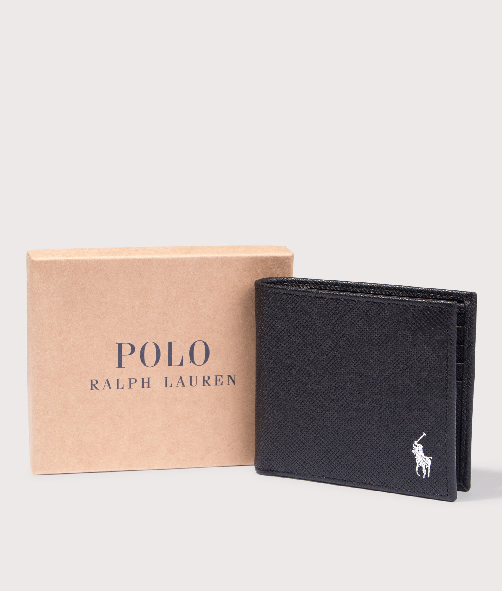 Saffiano Leather Billfold Wallet in Black/Silver. Leather | Polo Ralph Lauren | Shot at EQVVS | Gift box shot 