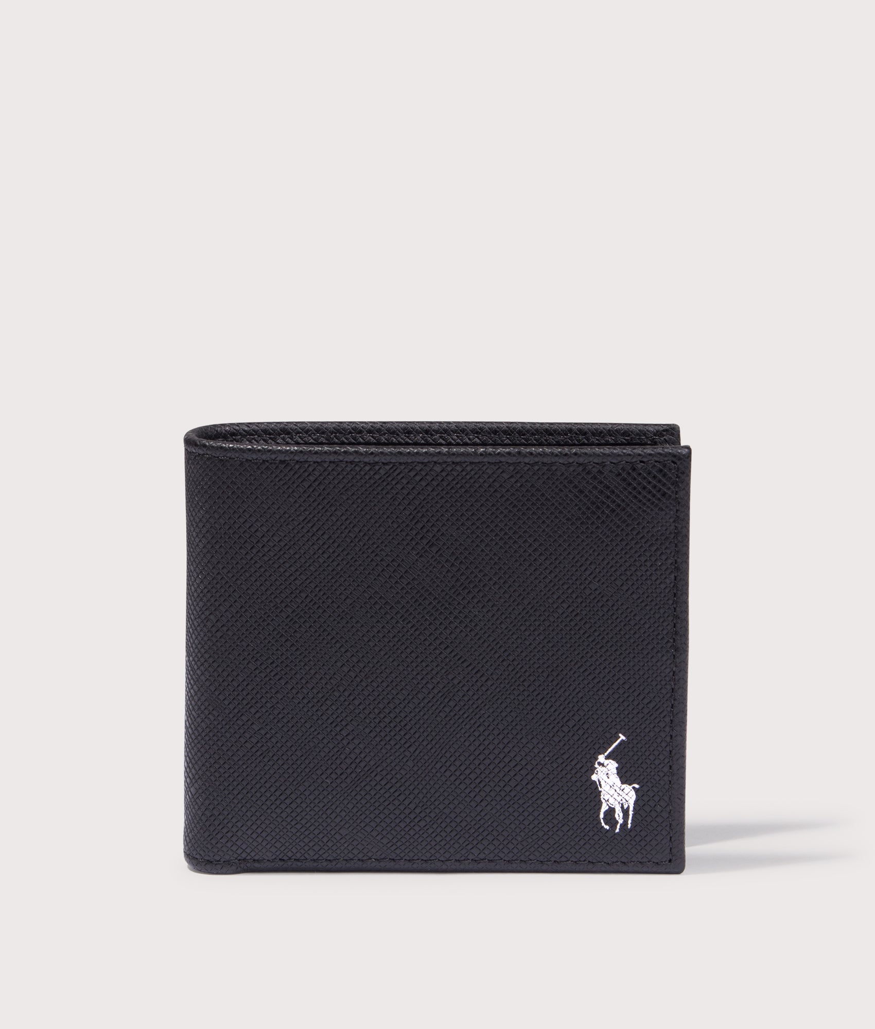 Saffiano Leather Billfold Wallet in Black/Silver. Leather | Polo Ralph Lauren | Shot at EQVVS | Wallet front shot 
