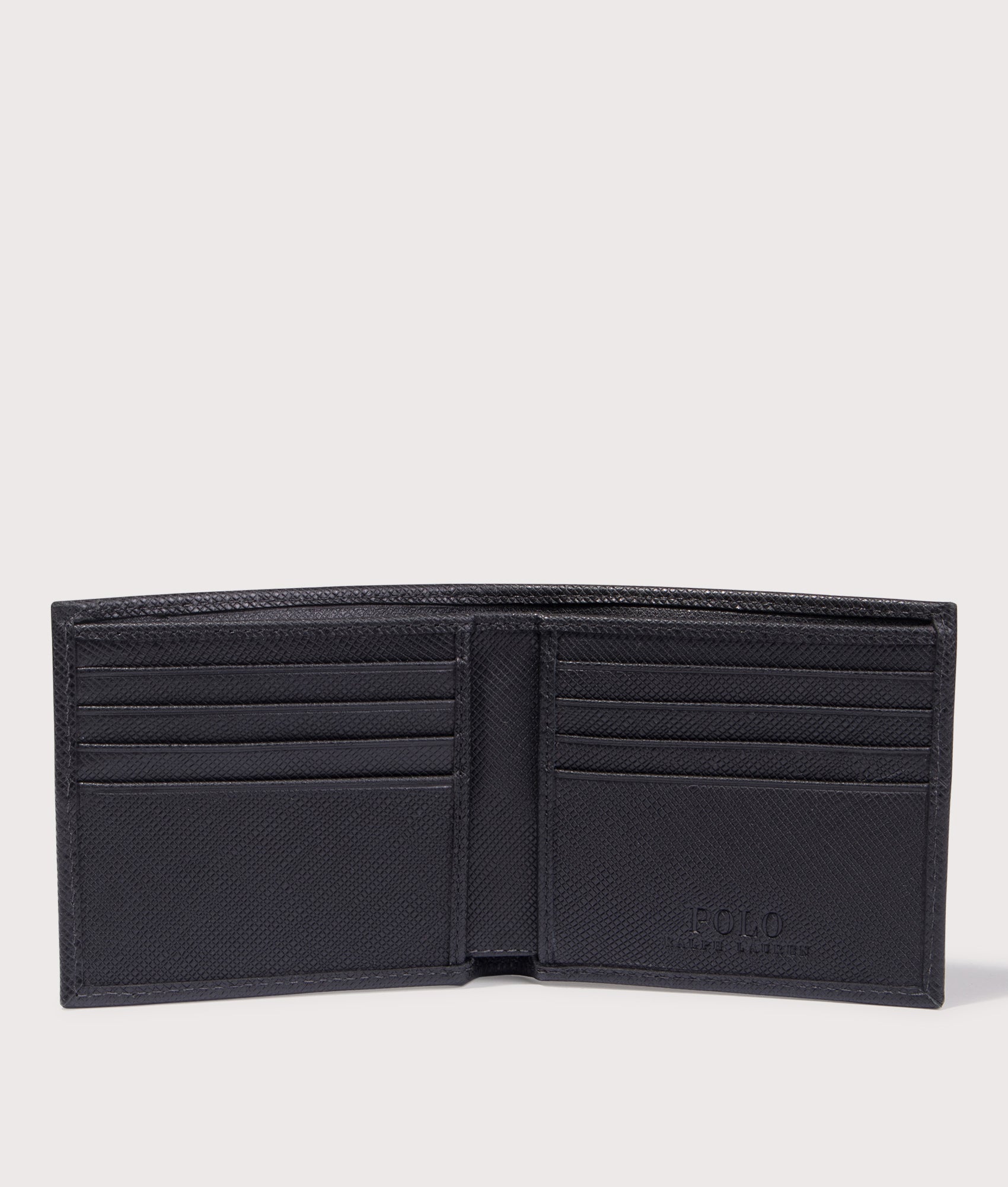 Saffiano Leather Billfold Wallet in Black/Silver. Leather | Polo Ralph Lauren | Shot at EQVVS | Wallet open  inside shot 