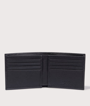 Saffiano Leather Billfold Wallet in Black/Silver. Leather | Polo Ralph Lauren | Shot at EQVVS | Wallet open  inside shot 