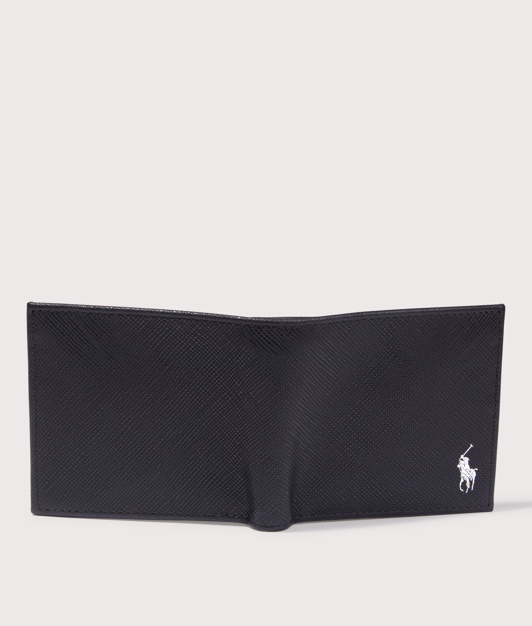 Saffiano Leather Billfold Wallet in Black/Silver. Leather | Polo Ralph Lauren | Shot at EQVVS | Wallet open outside