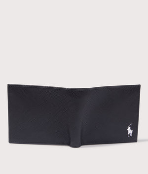 Saffiano Leather Billfold Wallet in Black/Silver. Leather | Polo Ralph Lauren | Shot at EQVVS | Wallet open outside