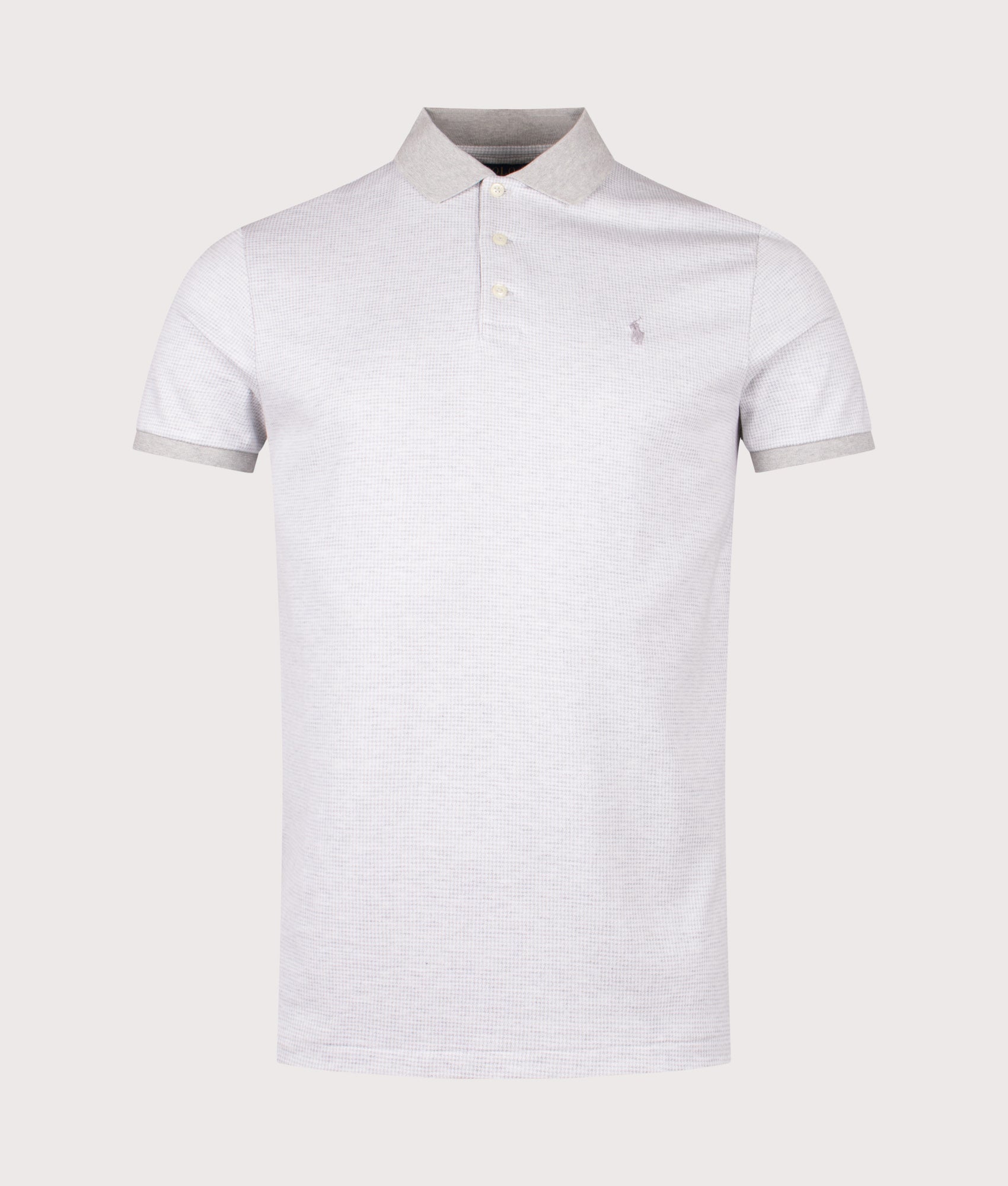Custom Slim Fit Houndstooth Polo Shirt in Spring Heather/White. | 100% Cotton | Polo Ralph Lauren | Shot at EQVVS | Front shot 