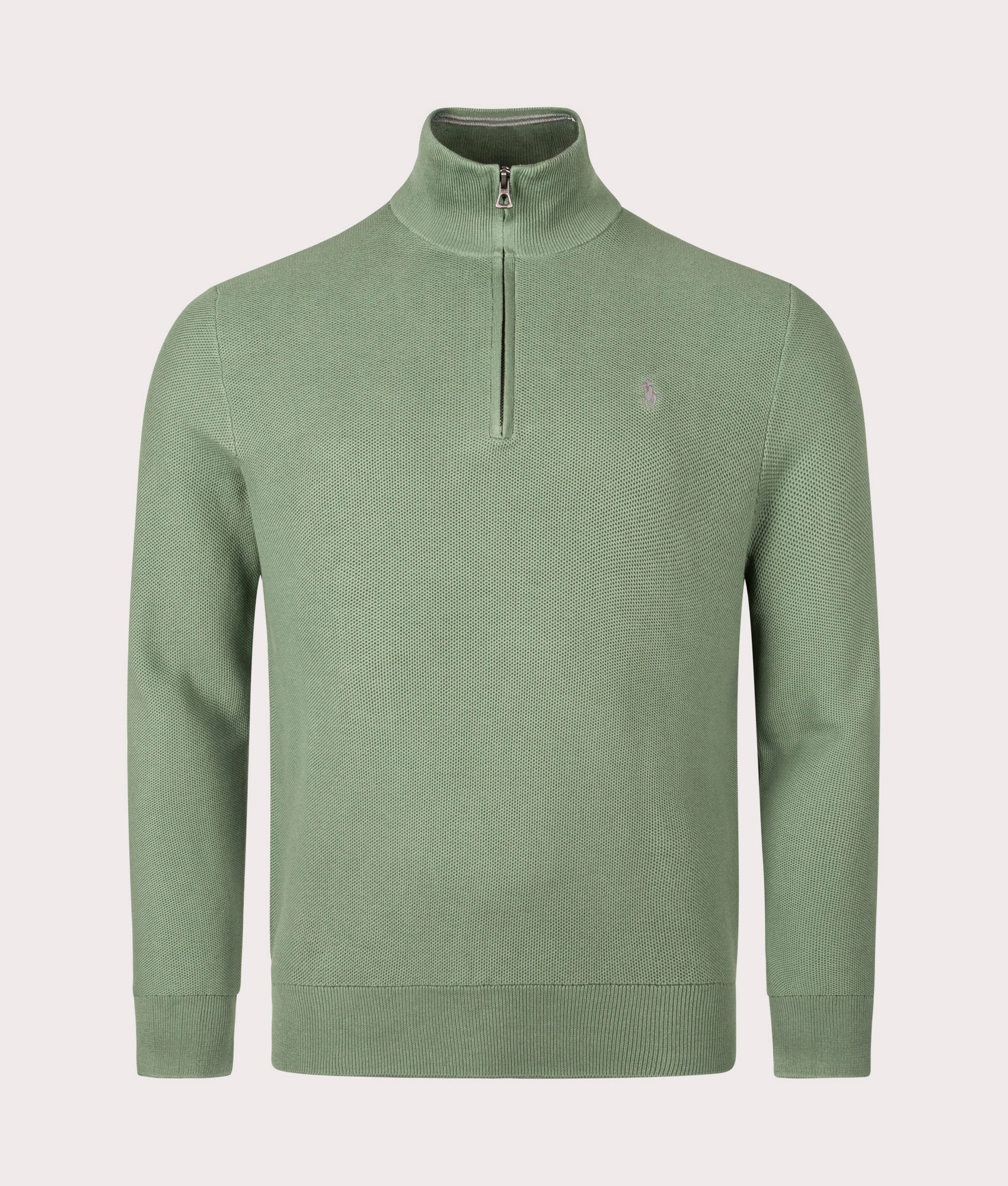 Quarter Zip Contrast Logo Knit Jumper in Fatigue. 100% Cotton | Polo Ralph Lauren | Shot at EQVVS | Front shot 