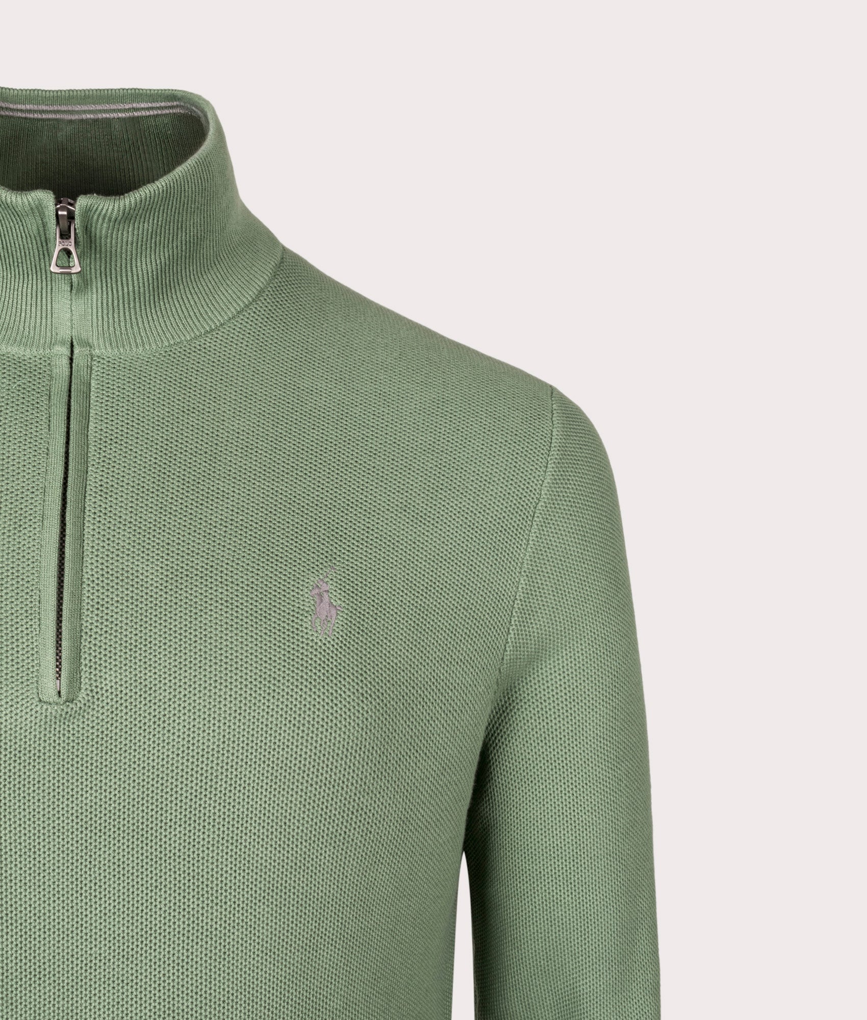 Quarter Zip Contrast Logo Knit Jumper in Fatigue. 100% Cotton | Polo Ralph Lauren | Shot at EQVVS | Front detail shot 