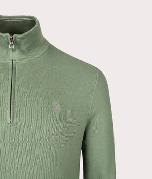 Quarter Zip Contrast Logo Knit Jumper in Fatigue. 100% Cotton | Polo Ralph Lauren | Shot at EQVVS | Front detail shot 