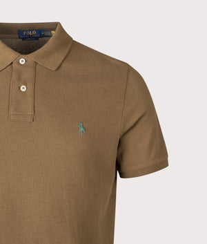 Classic Fit Iconic Mesh Polo Shirt by Polo Ralph Lauren in Nature Brown. Shoot by EQVVS. Detail shot.