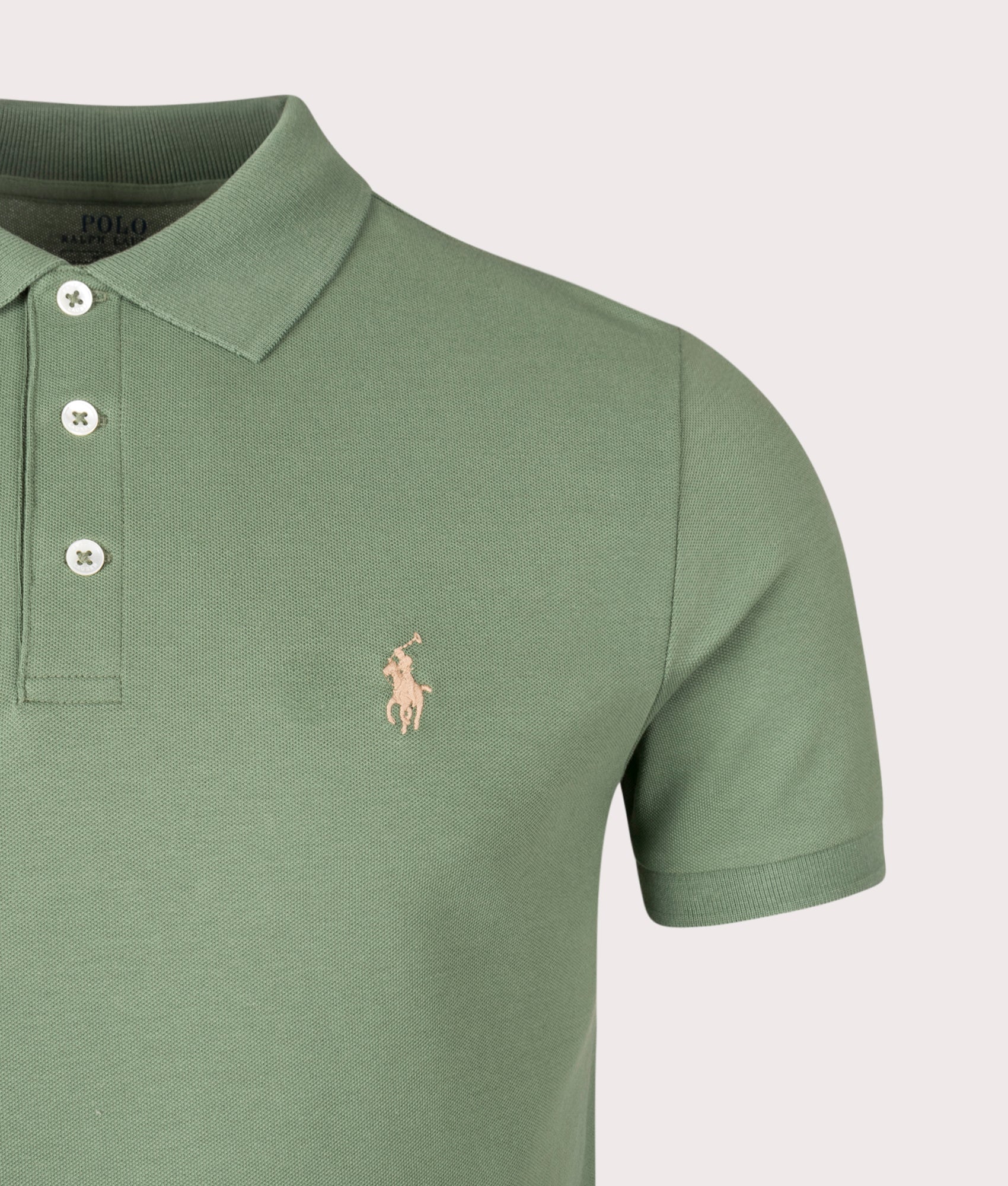 Custom Slim Fit Stretch Mesh Polo Shirt by Polo Ralph Lauren in Fatigue. Shot by EQVVS. Detail shot.