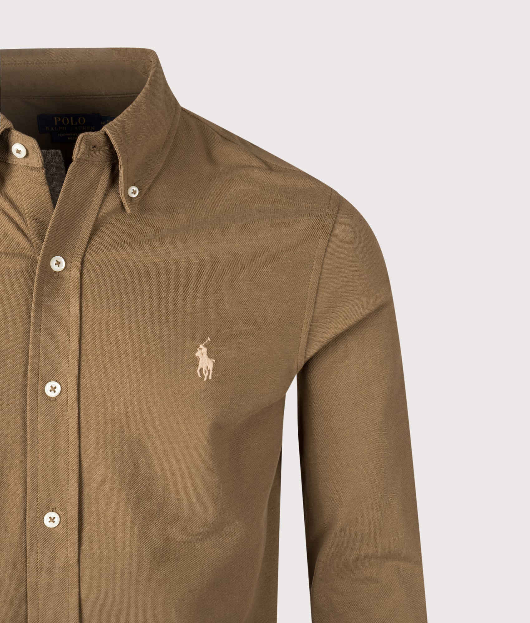Relaxed Fit Featherweight Mesh Shirt in Nature Brown | 100% Cotton | Polo Ralph Lauren | EQVVS | Front detail shot 