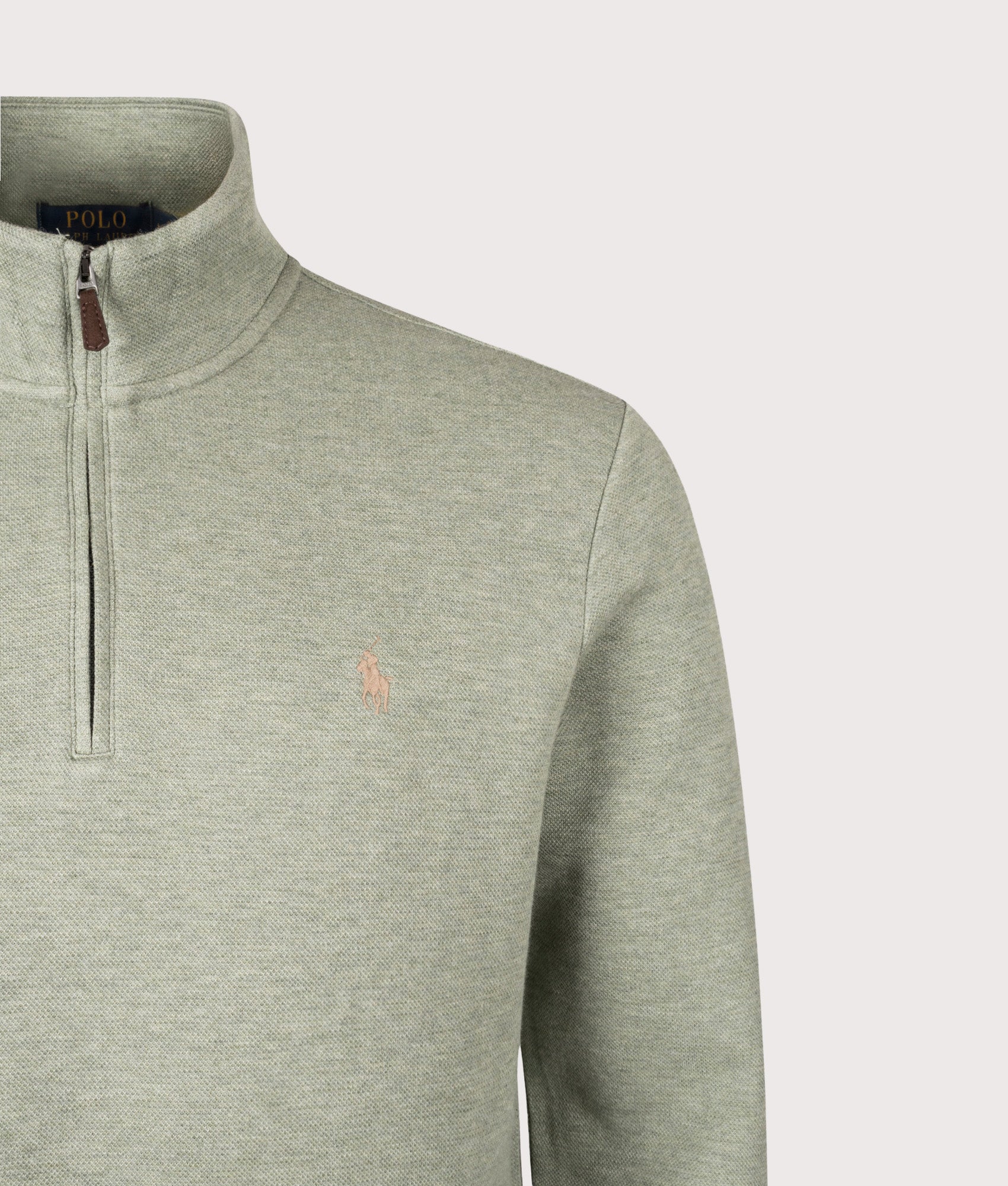 Polo Ralph Lauren Double Knit Mesh Quarter Zip Sweatshirt in Greenery Heather at EQVVS Menswear. Detail shot.