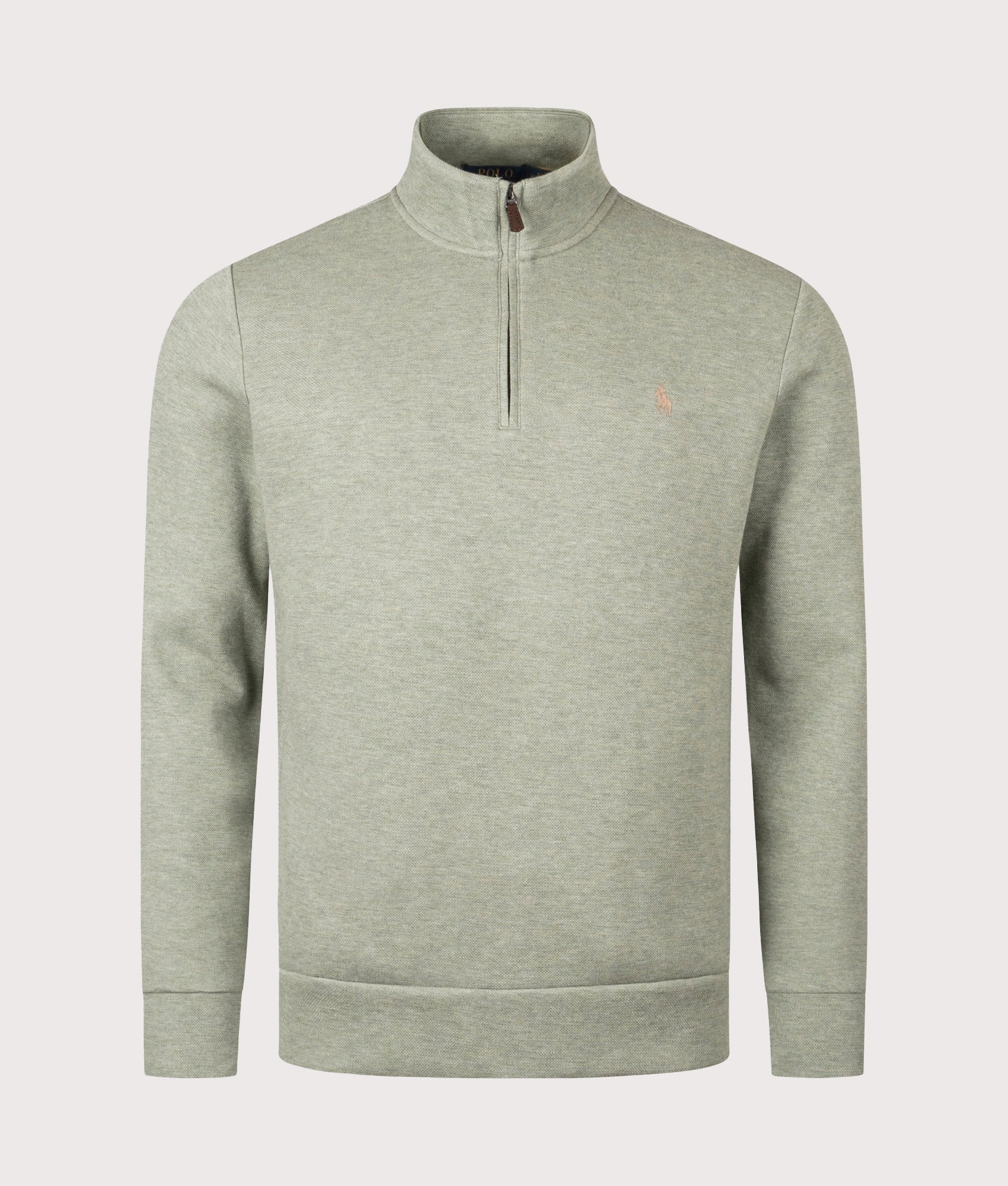 Polo Ralph Lauren Double Knit Mesh Quarter Zip Sweatshirt in Greenery Heather at EQVVS Menswear. Front shot.