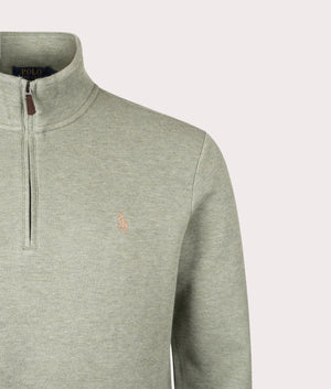 Double Knit Mesh Quarter Zip Sweatshirt in Greenery Heather . Cotton-blend | Polo Ralph Lauren | Shot at EQVVS | Front detail shot 