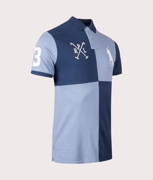 Custom Slim Fit Big Pony Mesh Polo Shirt in Rustic Navy/Channel Blue. 100% Cotton | Polo Ralph Lauren | Shot at EQVVS | Angle shot 