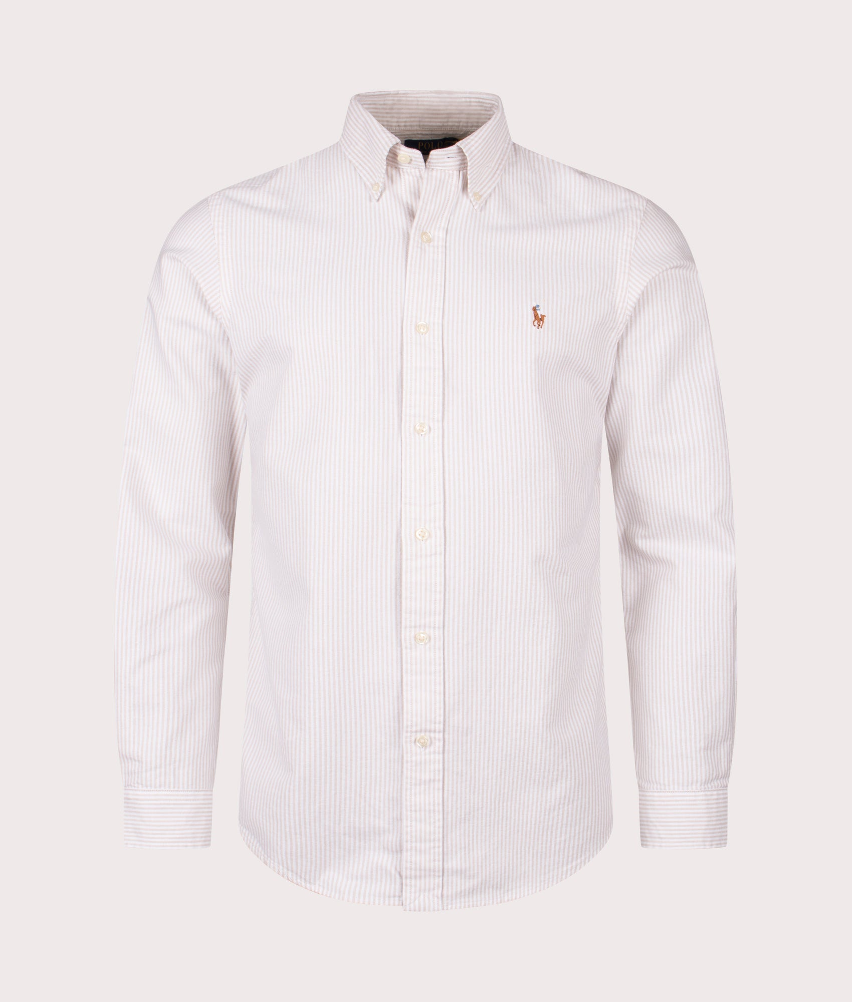 Custom Fit Striped Oxford Shirt in Coastal Beige/White | Cotton Oxford | Polo Ralph Lauren | EQVVS | Front shot 