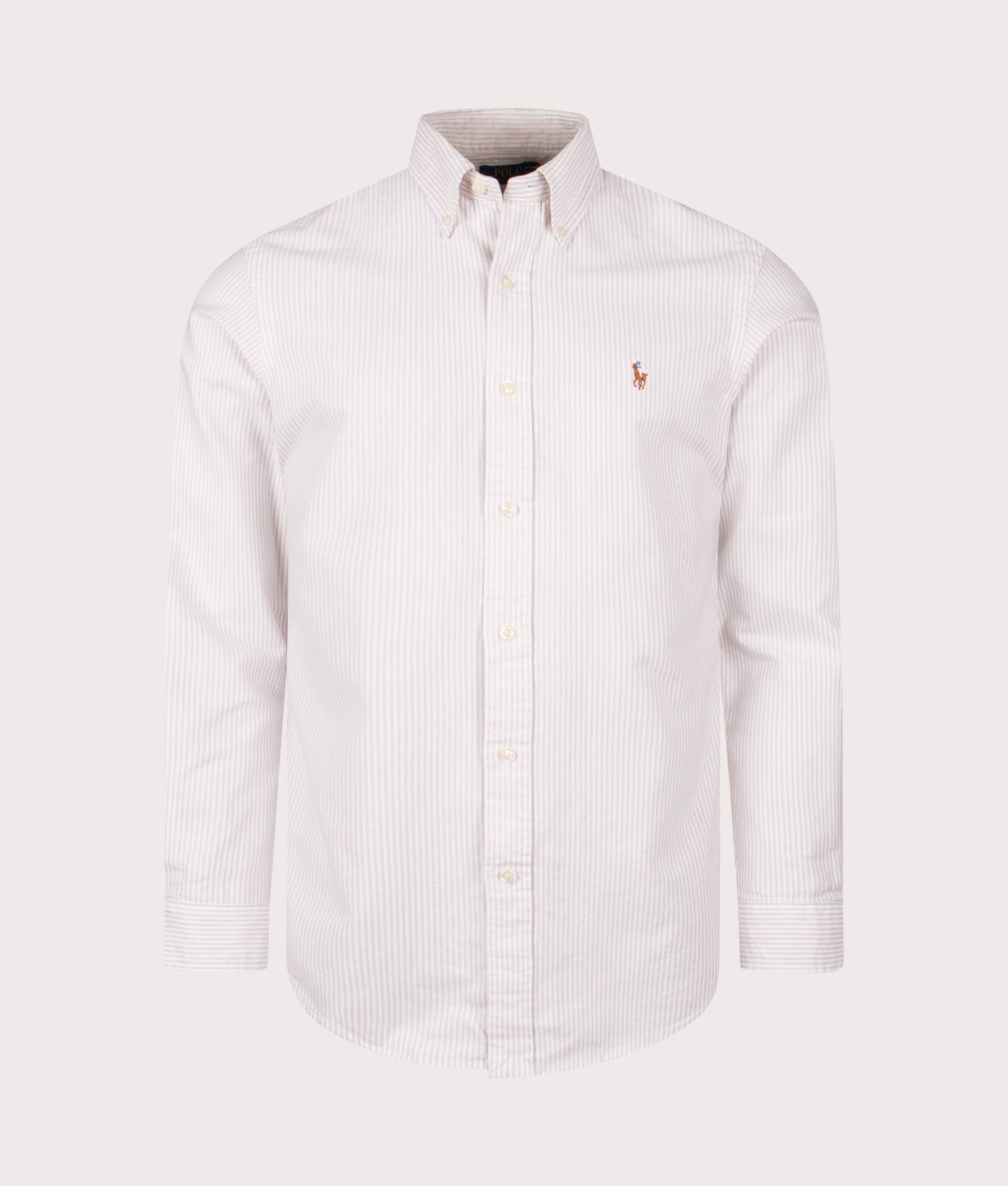 Polo Ralph Lauren Custom Fit Striped Oxford Shirt in Coastal Beige/White at EQVVS Menswear. Front shot.