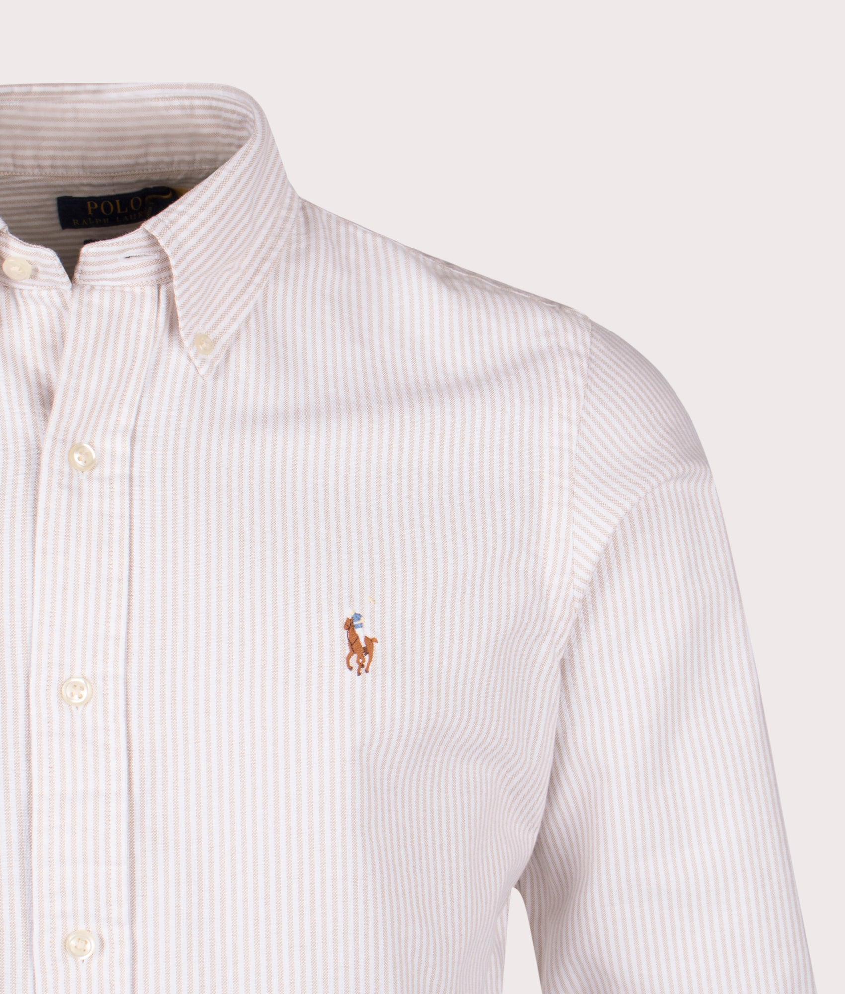 Custom Fit Striped Oxford Shirt in Coastal Beige/White | Cotton Oxford | Polo Ralph Lauren | EQVVS | Front detail shot 
