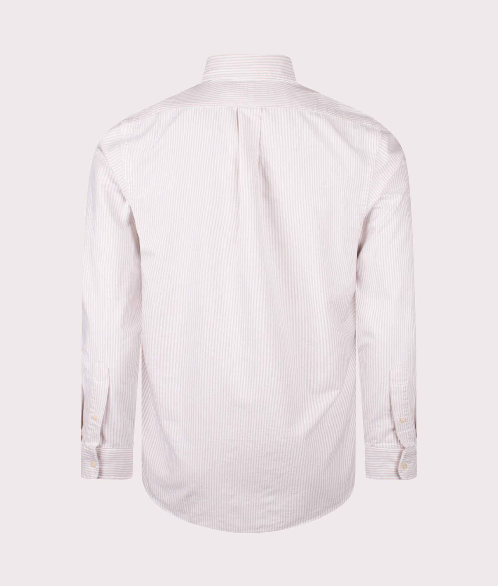 Polo Ralph Lauren Custom Fit Striped Oxford Shirt in Coastal Beige/White at EQVVS Menswear. Back Shot.