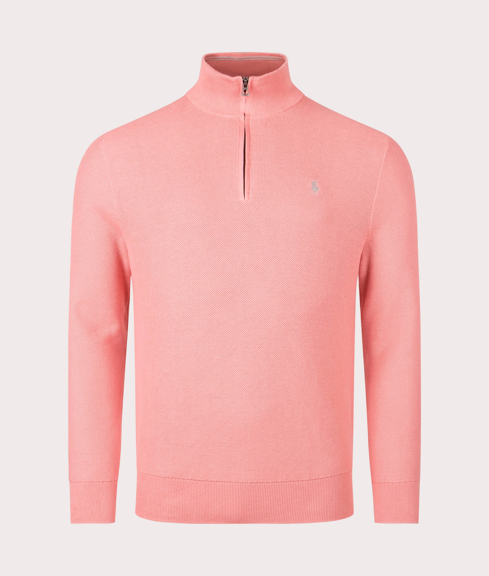Quarter Zip Contrast Logo Knit Jumper in Desert Rose. 100% cotton  | Polo Ralph Lauren | Shot at EQVVS | Front shot
