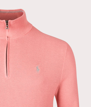 Quarter Zip Contrast Logo Knit Jumper in Desert Rose. 100% cotton  | Polo Ralph Lauren | Shot at EQVVS | Front detail shot 