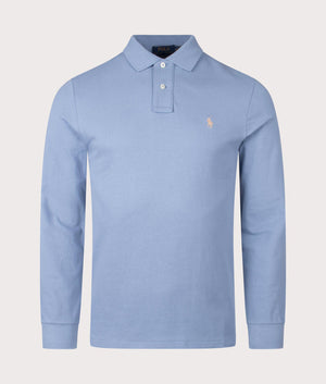Custom Slim Fit Long Sleeve Polo Shirt in Channel Blue. 100% Cotton | Polo Ralph Lauren | Shot at EQVVS | Front shot 