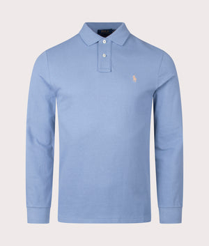 Custom Slim Fit Long Sleeve Polo Shirt in Channel Blue. 100% Cotton | Polo Ralph Lauren | Shot at EQVVS | Front shot 