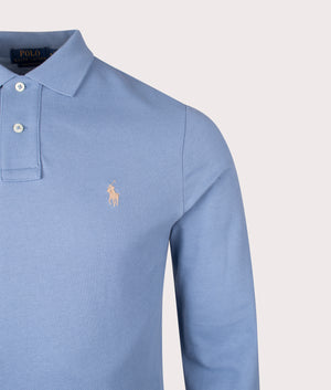 Custom Slim Fit Long Sleeve Polo Shirt in Channel Blue. 100% Cotton | Polo Ralph Lauren | Shot at EQVVS | Front detail shot 